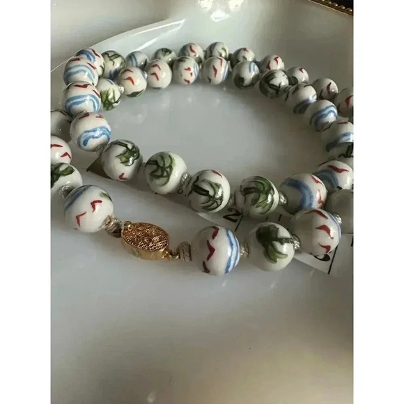 Vintage | Rare | Chinese porcelain hand painted necklace | palm trees & birds - Picture 8 of 15